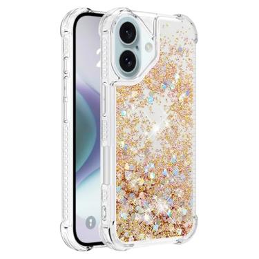 Imagem de Capa de telefone à prova de choque para iPhone 16 Plus com glitter líquido de areia movediça e corações flutuantes, capa de TPU de camada dupla reforçada com 4 cantos, protetor de telefone seguro
