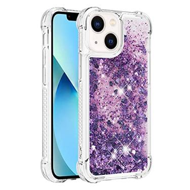 Imagem de Capa de telefone à prova de choque para iPhone 15 com glitter líquido de areia movediça e corações flutuantes, capa de TPU de camada dupla reforçada com 4 cantos, protetor de telefone seguro