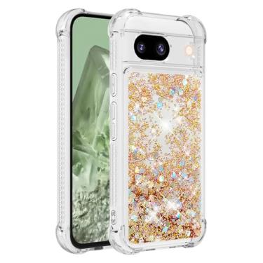 Imagem de Capa de telefone à prova de choque para Google Pixel 8a com glitter líquido de areia movediça e corações flutuantes, capa de TPU de camada dupla reforçada com 4 cantos, protetor de telefone seguro