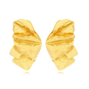 Imagem de Brinco feminino com textura grossa de ouro e flor grande, floral, pétalas chiques, folha, concha de anjo, joias elegantes e bonitas, joias boêmias de metal para férias na praia, Zinco, Sem pedra