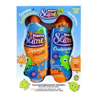 Imagem de Bs - kit shampoo + condicionador infantil beauty slme azul neon com 200 ml cada + cartela com 15 tattos