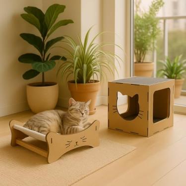 Imagem de BOXFAN Playground 2 Peças, Caminha de Chão Pequena Pet, Brinquedo em Mdf Cru, Nicho, Casinha Suspensa, Carpete Antiderrapante, Parquinho Gatos, Diversão Pet