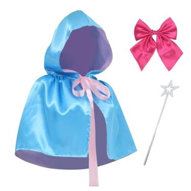 Imagem de Bvxmsel Fantasia de madrinha cosplay de fada azul com capuz capa feminina de princesa com varinha de estrela para festa, Azul - 0,8 m, M