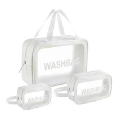Imagem de Conjunto de 03 Necessaires Transparentes – Organizadoras Impermeáveis para Viagem, Trabalho e Academia – Tamanhos P, M e G (Branco)