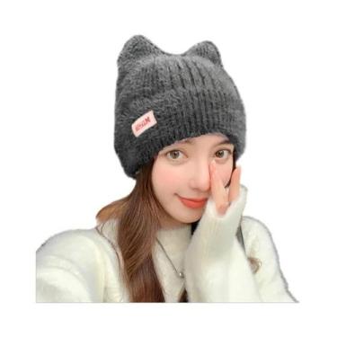 Imagem de Chapéu de Inverno Feminino com Orelhas de Gato - Gorro de Malha com Pe