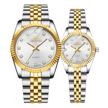 Imagem de MASTOP Relógios de casal marca suíça relógio dourado masculino feminino de aço inoxidável à prova d'água de quartzo, Dois tons/branco, Relógio de quartzo