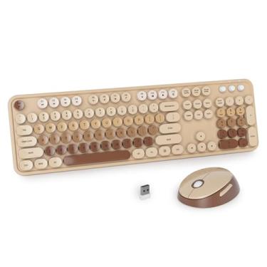 Imagem de iRoboosta Conjunto de teclado e mouse sem fio colorido marrom, teclado de máquina de escrever fofo de 2,4 GHz com teclas redondas, tamanho completo com teclado numérico, teclados estéticos para casa e