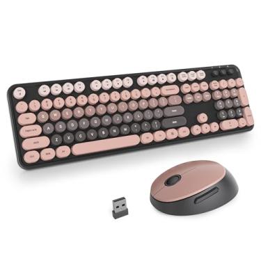Imagem de iRoboosta Conjunto de teclado e mouse sem fio colorido preto, teclado de máquina de escrever fofo de 2,4 GHz com teclas redondas, tamanho completo com teclado numérico, teclados estéticos para casa e