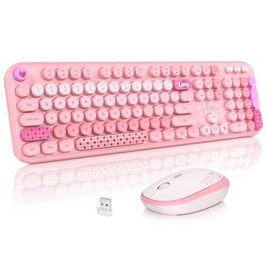 Imagem de Atelus Teclado e mouse sem fio, teclado de máquina de escrever retrô tamanho completo e 3 mouse DPI ajustáveis para Windows 7/8/10, laptop, desktop, PC, computador (rosa colorido)