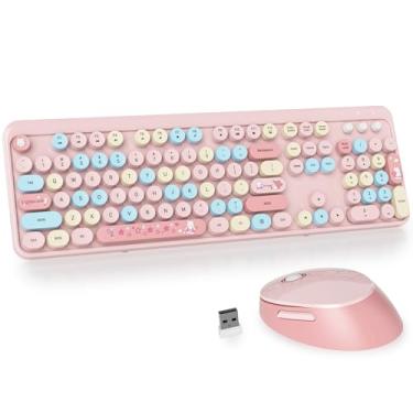Imagem de GTSP teclado e mouse sem fio colorido para máquina de escrever, 2,4 GHz, teclado de computador de escritório com teclas redondas para desktop, laptop e PC (rosa colorido)