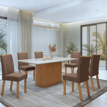 Imagem de Conjunto Luar 170cm Tampo MDF com Vidro e 6 Cadeiras Apogeu Amêndoa Clean/Off White/Morano Avelâ