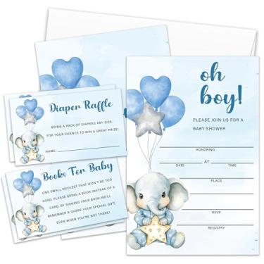 Imagem de lamocho Convites de bebê elefante azul, convites de chá de bebê para meninos, bilhetes de sorteio de fraldas, cartões de solicitação de livro preenchidos em branco (25 peças e envelopes)/Conjunto BB