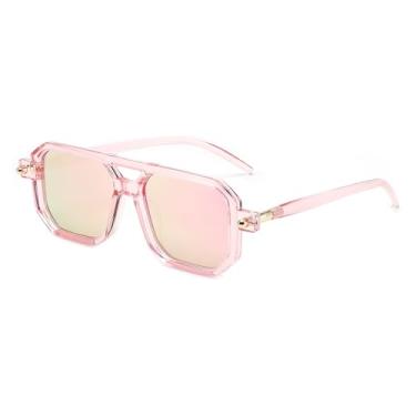 Imagem de FEISEDY Óculos de sol vintage quadrado 70 aviador plano feminino masculino clássico retrô elegante armação UV400 B2622, Armação rosa transparente 033 e lente espelhada rosa, 52mm