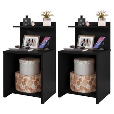 Imagem de Kit 2 Mesas de Cabeceira Quarto Lateral c/Nicho Decorativo com Prateleira Suspensa para Cama - Loja Inova BR (Preto)