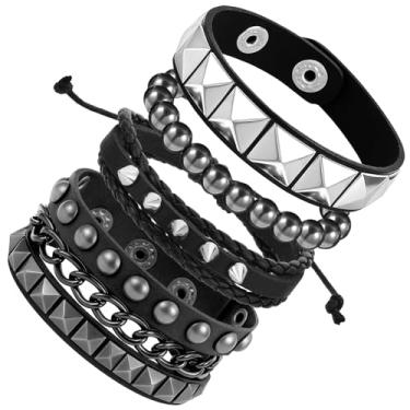 Imagem de PEOVLVN 4 peças de pulseiras cravejadas, pulseiras góticas ajustáveis de couro punk rock para homens e mulheres dos anos 80 acessórios emo joias góticas, One Size, Sem Pedra Preciosa