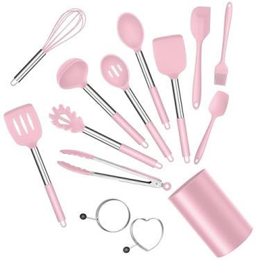 Imagem de E-far Conjunto de utensílios de cozinha de silicone, conjunto de utensílios de cozinha rosa de 14 peças com suporte, espátulas de utensílios de cozinha com cabo de aço inoxidável para panelas