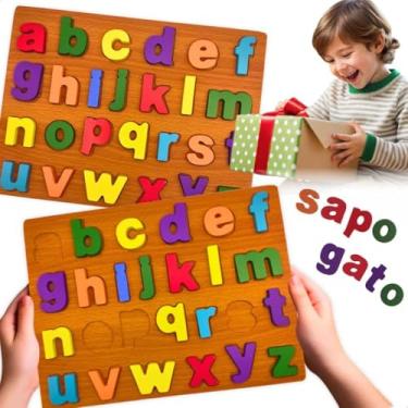 Imagem de Kit 2 Jogos Educativos de Madeira Letras Números Quebra Cabeça Infantil Alfabetização Brinquedo Didático Pedagógico para Crianças de 3 Anos Escola Creche TDAH Autismo Presente Natal (Alfabeto)