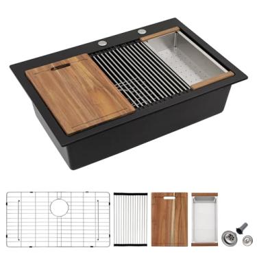 Imagem de Pia de cozinha composta de granito 33 - Fulorni 84 cm x 56 cm pia de cozinha de granito estação de trabalho com borda preta undermount quartzo clássico fosco preto sob balcão bacia única tigela