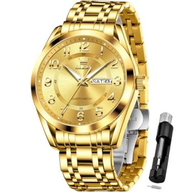 Imagem de OLEVS Relógios masculinos de negócios, numeração grande, fácil de ler, relógio de quartzo, aço inoxidável, à prova d'água, luminoso, data, casual, masculino, relógio todo dourado, relógio masculino