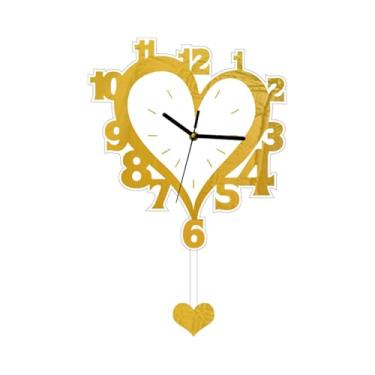 Imagem de WeiLaiKeQi Relógio de parede em formato de coração, relógio moderno, resistente e silencioso com pêndulo para decoração de escritório, cozinha, sala de jantar, Ouro