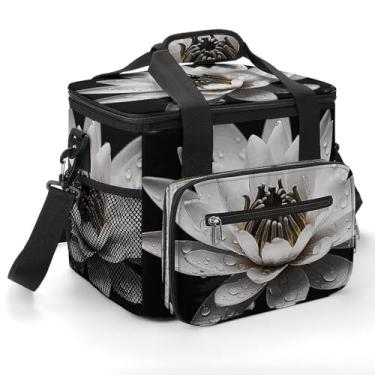 Imagem de Bolsa térmica preta e branca com estampa de lírios d'água de grande capacidade à prova de vazamento, para piqueniques, viagens e aventuras ao ar livre