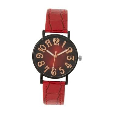 Imagem de UGPLM Relógio feminino simples, elegante, casual, pulseira de couro PU, redondo, relógio de pulso da moda, Vermelho
