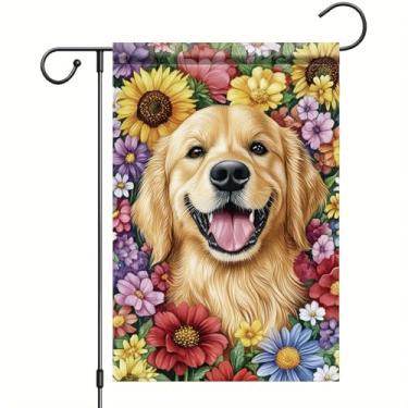 Imagem de Starlit Patio Golden Retriever Bandeira de jardim 30,5 x 45,7 cm com flores coloridas, faixa para ambientes externos, decoração de quintal, primavera, verão, bandeira de boas-vindas dupla face para