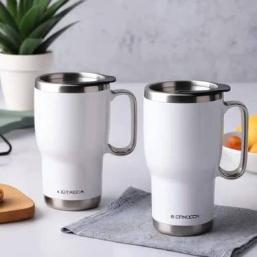 Imagem de Caneca Térmica Parede Dupla em Aço Inox Branca 550ml com Alça Ergonômica - Estilo Casual