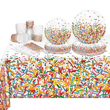 Imagem de durony Conjunto de utensílios de mesa 97 peças confetes com borrifadores descartáveis toalha de mesa copos de papel pratos de sobremesa, guardanapos de bebidas para decoração de festas, brindes de festa de aniversário de casamento