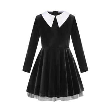 Imagem de Kosgraiy Fantasia de quarta-feira para meninas, fantasia de bruxa para meninas, vestido de quarta-feira para crianças, vestido de bruxa, Halloween, cosplay, Preto, S/120