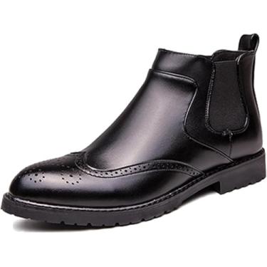 Imagem de Botas Curtas Chelsea Masculinas De Couro Retrô Brogue Chukka Botas De Tornozelo Elásticas Slip-on Formal, Black, 11 UK