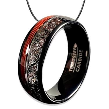 Imagem de QUEENWISH Alianças de casamento de tungstênio preto e vermelho de 8 mm com padrão espiral triplo prateado e corda de guitarra vermelha embutida e colar joias ajuste confortável tamanho 7-13, 7