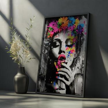 Imagem de Quadro Decorativo Mulher Taça Flores Com Moldura Arte Urbana Preto e Branco Colorido Retrato Estiloso Moderna Parede Impacto