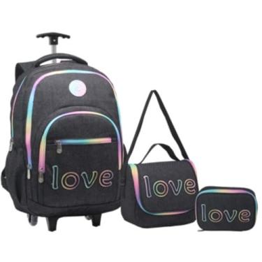 Imagem de Kit Mochila 18” Escolar Juvenil 2 Rodas Love Passeio Escolar Com Lancheira Térmica E Estojo (PRETO)