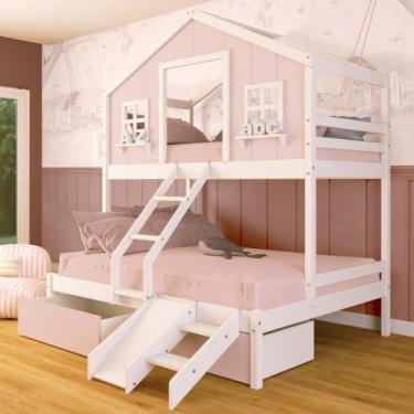Imagem de Beliche Casal/ Solteiro Casinha Sonhos 02 Gavetas Rosa Kit Escada/ Esc