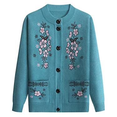 Imagem de Cardigan De Suéteres De Malha Da Mãe - Flores Grossas E Quentes Roupas Femininas Meia-idade Idosas Primavera Outono Casaco De Malha Velha Senhora, Blue, XXL