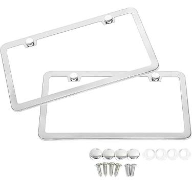 Imagem de SunplusTrade Moldura de placa, 2 pacotes de molduras de placa de licença cromada, capas universais de placa de carro para carro. Suporte de placa de licença prata à prova de ferrugem e intempéries