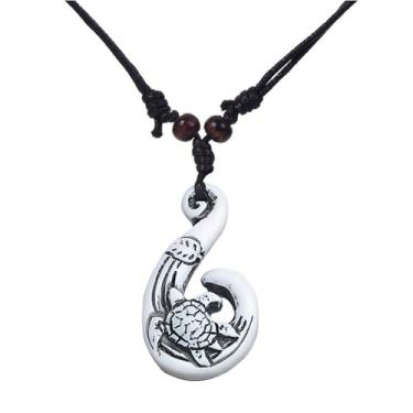 Imagem de coadipress Colar havaiano com pingente de anzol, vintage, Maui, praia, sofrimento, tribal, cordão de cânhamo, ajustável, corrente de proteção, amuleto, tartaruga, tubarão, colares para homens e