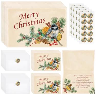 Imagem de Zhanmai 150 conjuntos de cartões de Natal Chickadee Potpourri, cartões comemorativos com envelopes e adesivos, cartolina de Natal vintage para amigos da família e colegas de classe, suprimentos de