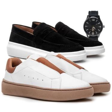 Imagem de 2 Pares Sapato Mocassim e Sapatenis Masculino Social Camurça Couro Cal