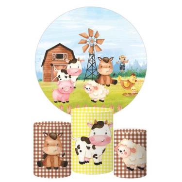 Imagem de Trio Capa Cilindro + Painel Redondo Fazendinha Aquarela Marrom - Decor