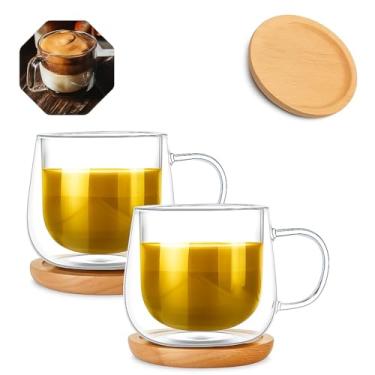 Imagem de Conjunto de 2 Xícaras de Vidro Borossilicato com Parede Dupla, Transparente, 250ml, Base em Bambu, para Café e Chá