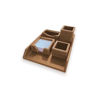 Imagem de Kit Escritório Organizador de Mesa Dry em Couro Legítimo - Porta Papel A4, Porta Lápis, Porta Clips, Porta Rascunho e Porta Cartão de Visitas (Caramelo)