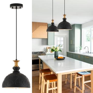 Imagem de VILUXY Luminária pendente para ilha de cozinha, preto e dourado, vintage, cúpula, para sala de jantar, luz de resina, estilo francês para quarto, hall de entrada, 25,4 cm