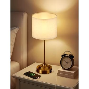 Imagem de Vtuik Candeeiro de cabeceira com porta USB, bateria de até 60H, luminária de mesa regulável por toque para mesa de cabeceira, base de metal dourado e sombra de linho, iluminação decorativa sem fio