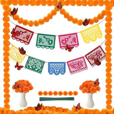 Imagem de 65 peças de decorações Dia De Los Muertos – Inclui 2 peças de guirlandas de calêndula de 1,5 m, 50 flores de calêndula com hastes, 12 borboletas monarca e 1 faixa mexicana, decoração de altar Ofrenda