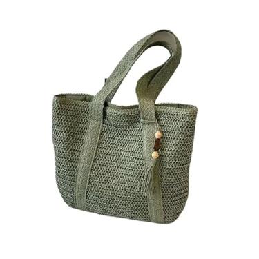 Imagem de Verão Grande Capacidade Tote Bolsa Feminina Bolsa de Ombro Feita à Mão Fresca Rural Portátil Grama Tecida(Verde)