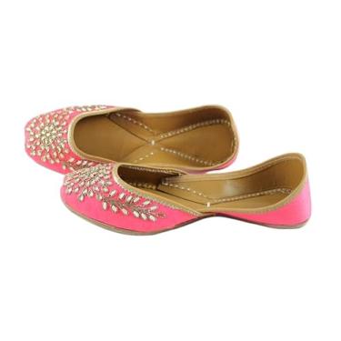 Imagem de Indian Marketplace Juttis tradicional feito à mão, sapatilhas de balé de couro rosa com design de cristal embelezado, Preto e dourado, 37