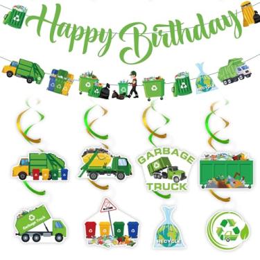 Imagem de Conjunto de decorações de aniversário de caminhão de lixo - 2 peças de banners de festa de feliz aniversário com tema de caminhão, 8 peças de decoração de redemoinhos pendurados para crianças, meninos