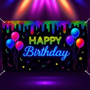 Imagem de BlissYard Banner neon Happy Birthday que brilha no escuro cenário de decoração de festa 188 x 109 cm balões coloridos glitter gotejamento confetes suprimentos de festa de aniversário para meninas ou